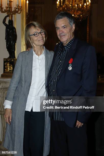 French Ministre of Culture Francoise Nyssen poses with Israeli Filmmaker Amos Gitai after awarding him with the Chevalier De L'Ordre National De La...