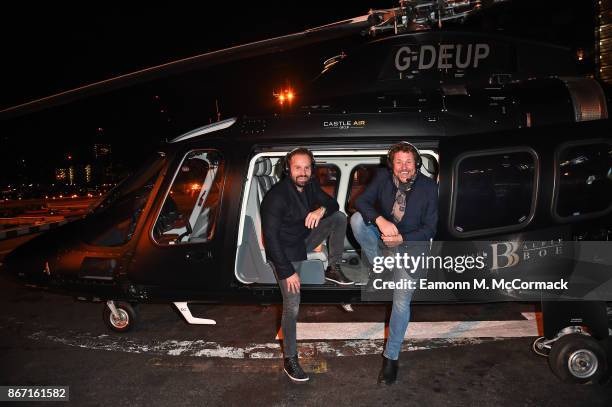 Michael Ball and Alfie Boe arrive in London by Helicopter to promote their new album 'Together Again' on October 27, 2017 in London, England. To...