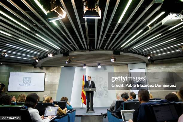 Spain's Prime Minister Mariano Rajoy speaks during a press statement after an extraordinary cabinet session at Moncloa Palace on October 27, 2017 in...