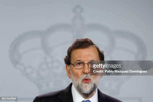 Spain's Prime Minister Mariano Rajoy speaks during a press statement after an extraordinary cabinet session at Moncloa Palace on October 27, 2017 in...