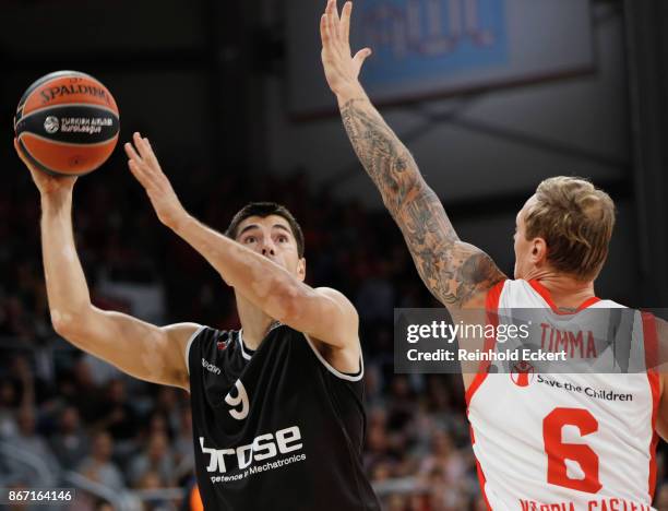 Luka Mitrovic, #9 of Brose Bamberg in action during the 2017/2018 Turkish Airlines EuroLeague Regular Season Round 4 game between Brose Bamberg v...