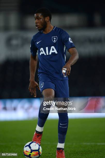 Japhet Tanganga of Tottenham Hotspur in action during the Premier League 2 match between Derby County and Tottenham Hotspur at Pride Park Stadium on...