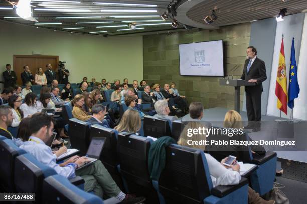 Spain's Prime Minister Mariano Rajoy speaks during a press statement after an extraordinary cabinet session at Moncloa Palace on October 27, 2017 in...