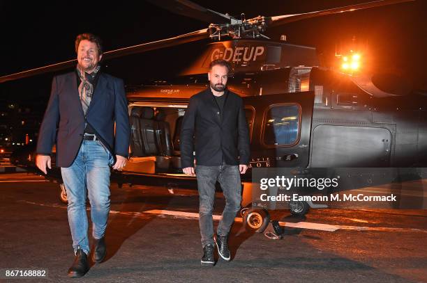 Michael Ball and Alfie Boe arrive in London by Helicopter to promote their new album 'Together Again' on October 27, 2017 in London, England. To...