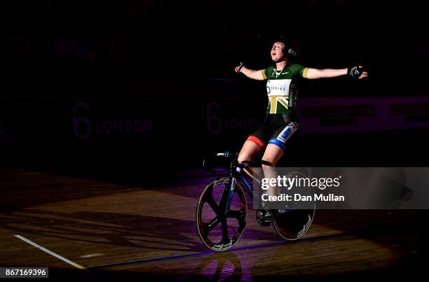 Katie Archibald of Great Britain celebrates winning the Womens Elimination Race on day four of the London Six Day Race at the Lee Valley Velopark...