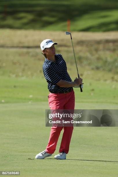 Derek Fathauer of the United States plays an approach shot on the third hole during the second round of the Sanderson Farms Championship at the...