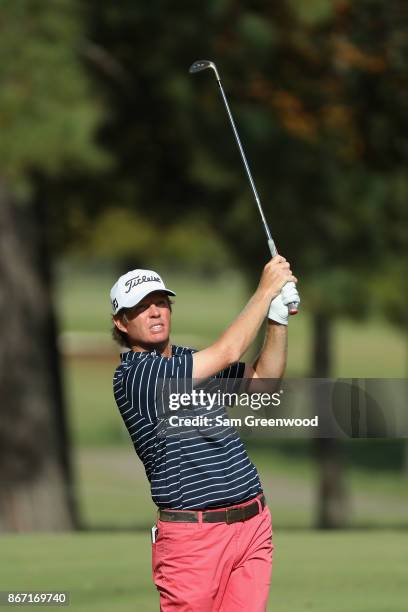 Derek Fathauer of the United States plays an approach shot on the second hole during the second round of the Sanderson Farms Championship at the...