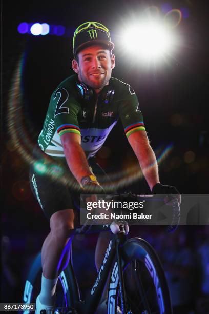 Mark Cavendish of Great Britain enters the stage on Day 4 of the London Six Day Race and the Lee Valley Velopark, London on October 27, 2017 in...