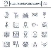 Geodetic survey engineering vector flat line icons. Geodesy equipment, tacheometer, theodolite, tripod. Geological research, building measurement inspection illustration. Construction service signs