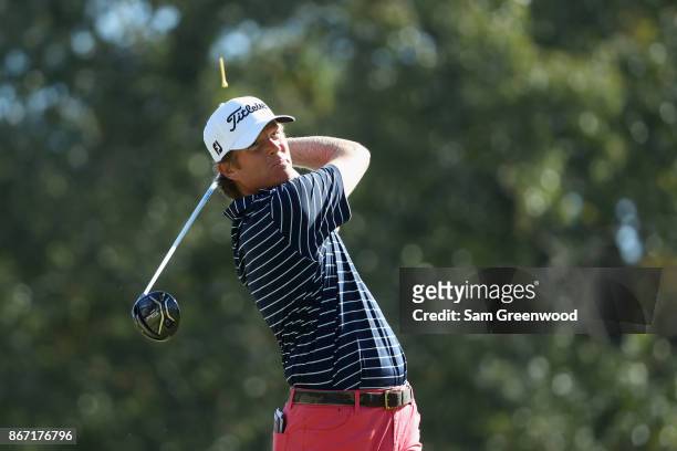Derek Fathauer of the United States plays a tee shot on the fifth hole during the second round of the Sanderson Farms Championship at the Country...