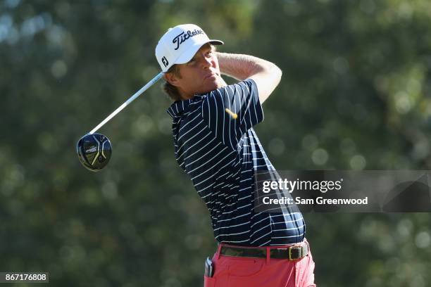 Derek Fathauer of the United States plays a tee shot on the fifth hole during the second round of the Sanderson Farms Championship at the Country...