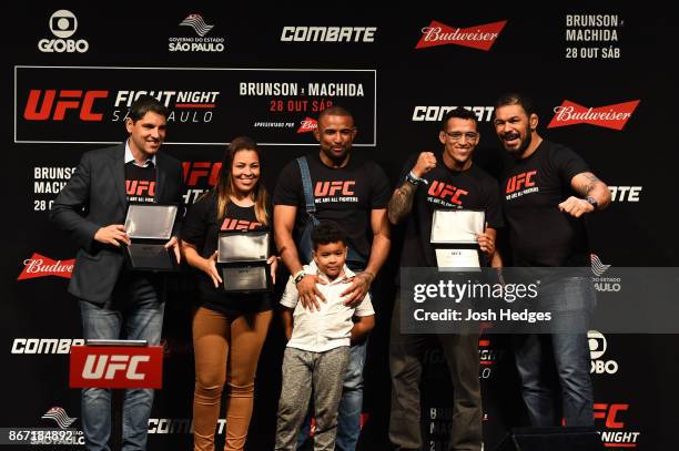 Sergio Moraes, Charles Oliveira and Antonio Rodrigo Nogueira interact with fans during a Q&A session before the UFC Fight Night Weigh-in inside the...