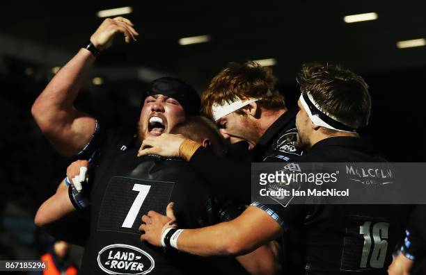 Zander Fagerson of Glasgow Warriors celebrates after he runs through to score his team's fourth try during the Glasgow Warriors and Southern Kings...