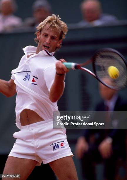 Thomas Muster of Austria in action during the French Open Tennis Championships at the Stade Roland Garros circa May 1990 in Paris, France.