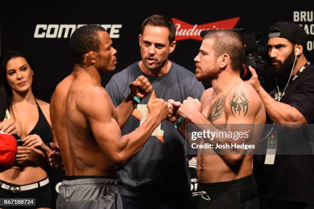 Francisco Trinaldo of Brazil and Jim Miller face off during the UFC Fight Night Weigh-in inside the Ibirapuera Gymnasium on October 27, 2017 in Sao...