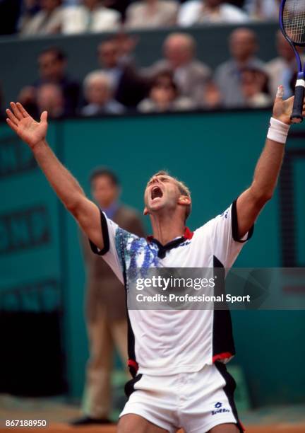 Thomas Muster of Austria celebrates after defeating Michael Chang of the USA in the Men's Singles Final of the French Open Tennis Championships at...