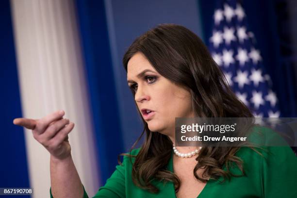 White House Press Secretary Sarah Huckabee Sanders takes questions during the daily press briefing at the White House, October 27, 2017 in...