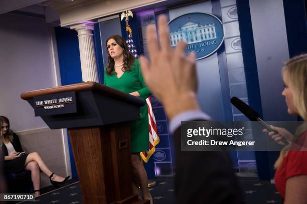 White House Press Secretary Sarah Huckabee Sanders takes questions during the daily press briefing at the White House, October 27, 2017 in...