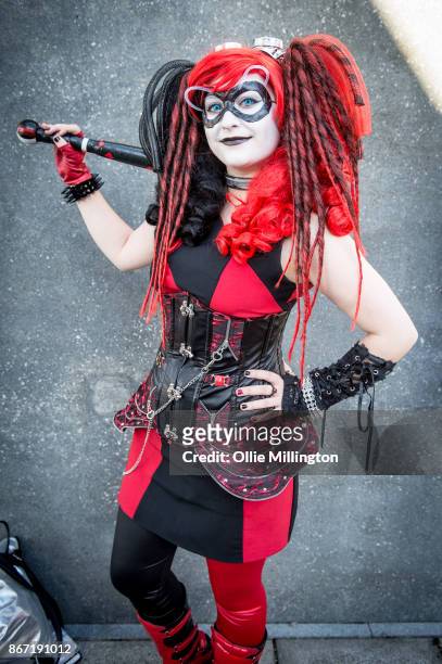 Cosplayer in character as Harley Quinn during MCM London Comic Con 2017 held at the ExCel on October 27, 2017 in London, England.