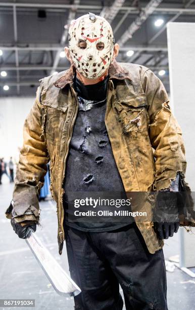 Cosplayer in character as Jason Voorhees from Friday th 13th during MCM London Comic Con 2017 held at the ExCel on October 27, 2017 in London,...
