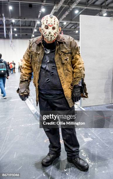 Cosplayer in character as Jason Voorhees from Friday th 13th during MCM London Comic Con 2017 held at the ExCel on October 27, 2017 in London,...