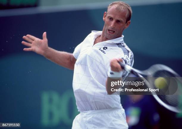 Thomas Muster of Austria in action during the Lipton International Players Championships at the Tennis Center at Crandon Park in Key Biscayne,...