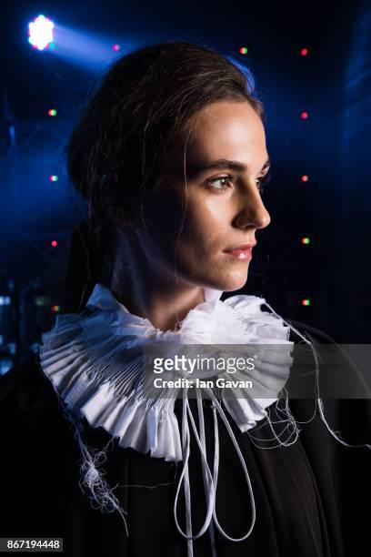 Model backstage ahead of the Nabil Nayal show during Fashion Forward October 2017 held at the Dubai Design District on October 27, 2017 in Dubai,...