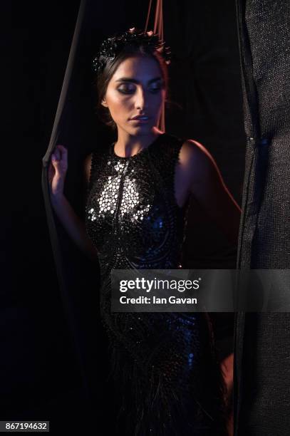 Model backstage ahead of the Atelier Zuhra show during Fashion Forward October 2017 held at the Dubai Design District on October 27, 2017 in Dubai,...