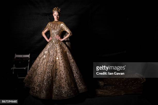 Model backstage ahead of the Atelier Zuhra show during Fashion Forward October 2017 held at the Dubai Design District on October 27, 2017 in Dubai,...