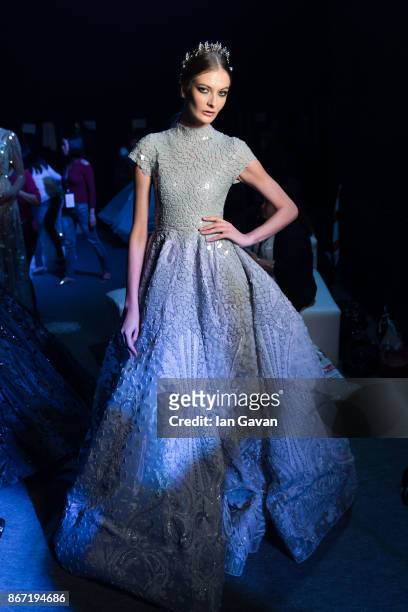 Model backstage ahead of the Atelier Zuhra show during Fashion Forward October 2017 held at the Dubai Design District on October 27, 2017 in Dubai,...