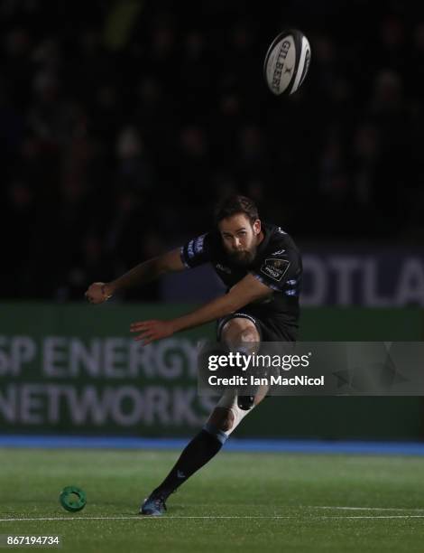 Ruaridh Jackson of Glasgow Warriors kicks a conversion during the Glasgow Warriors and Southern Kings Guinness Pro 14 match at Scotstoun Stadium on...