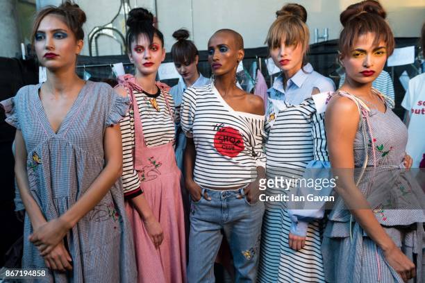 Model backstage ahead of the BY Sauce X Shoestova show at Fashion Forward October 2017 held at the Dubai Design District on October 27, 2017 in...
