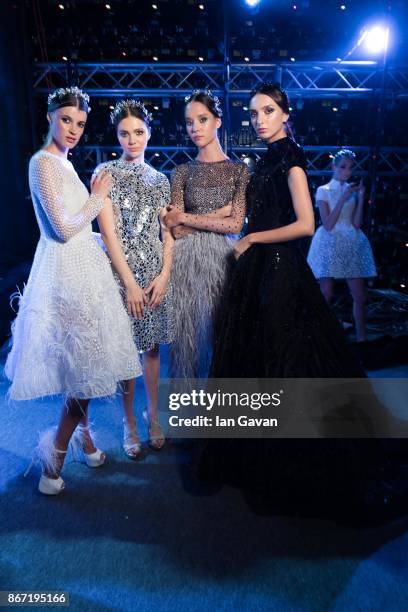 Models backstage ahead of the Atelier Zuhra show during Fashion Forward October 2017 held at the Dubai Design District on October 27, 2017 in Dubai,...