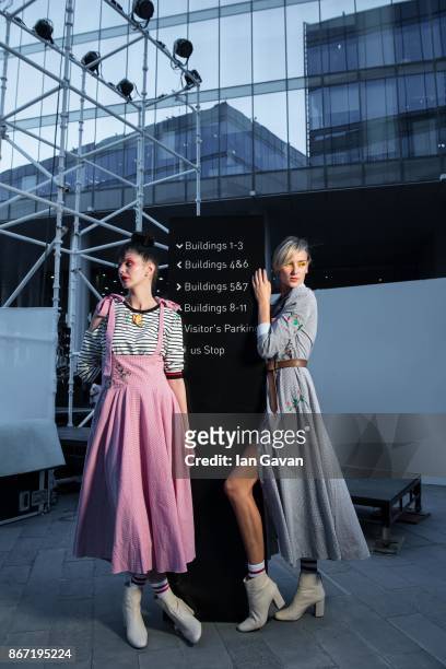 Models backstage ahead of the BY Sauce X Shoestova show at Fashion Forward October 2017 held at the Dubai Design District on October 27, 2017 in...