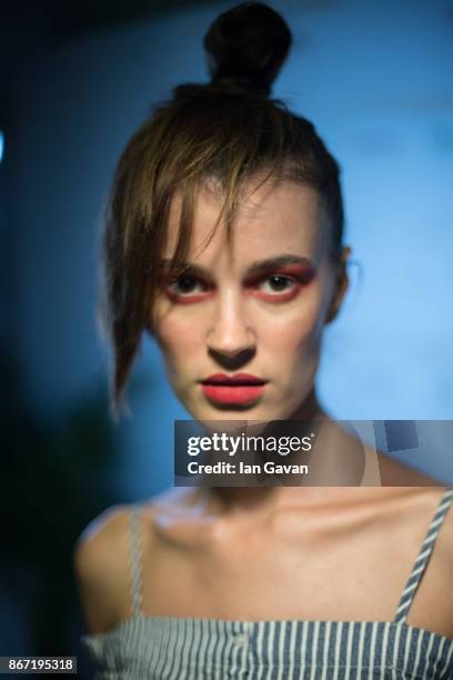 Model backstage ahead of the BY Sauce X Shoestova show at Fashion Forward October 2017 held at the Dubai Design District on October 27, 2017 in...