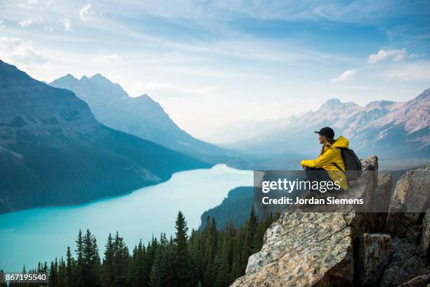 hiking above a lake - banff canada stock pictures, royalty-free photos & images