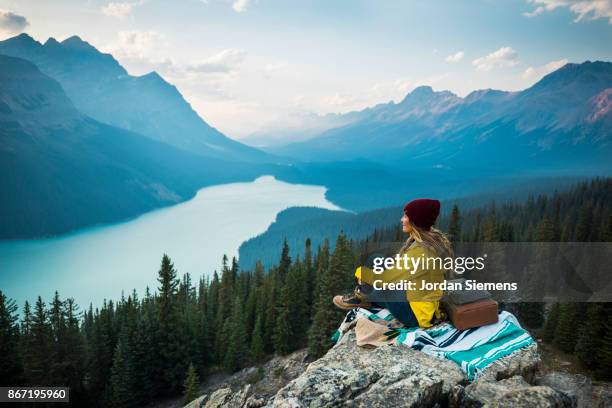 a young woman taking in a scenic view. - woman cliff stock pictures, royalty-free photos & images