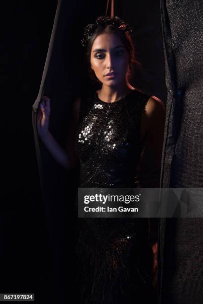 Model backstage ahead of the Atelier Zuhra show during Fashion Forward October 2017 held at the Dubai Design District on October 27, 2017 in Dubai,...