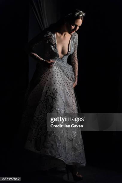 Model backstage ahead of the Atelier Zuhra show during Fashion Forward October 2017 held at the Dubai Design District on October 27, 2017 in Dubai,...