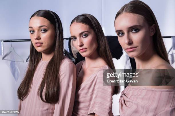 Models backstage ahead of the Sid Neigum International show during Fashion Forward October 2017 held at the Dubai Design District on October 27, 2017...