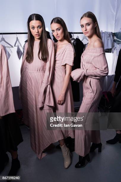 Model backstage ahead of the Sid Neigum International show during Fashion Forward October 2017 held at the Dubai Design District on October 27, 2017...