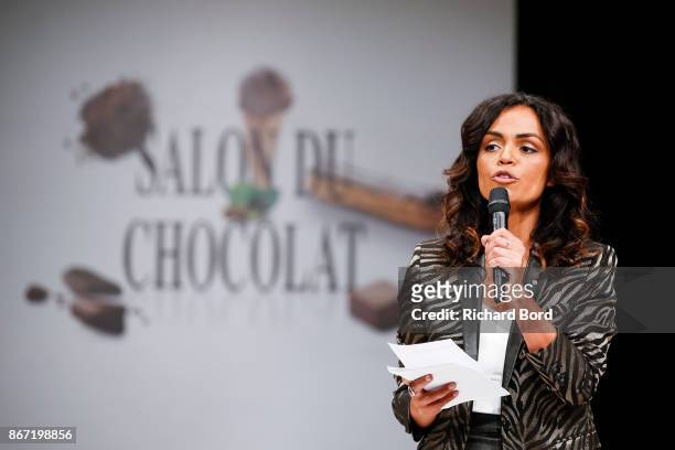 Laurence Roustandjee speaks before the Dress Chocolate show as part of Salon du Chocolat at Parc des Expositions Porte de Versailles on October 27,...