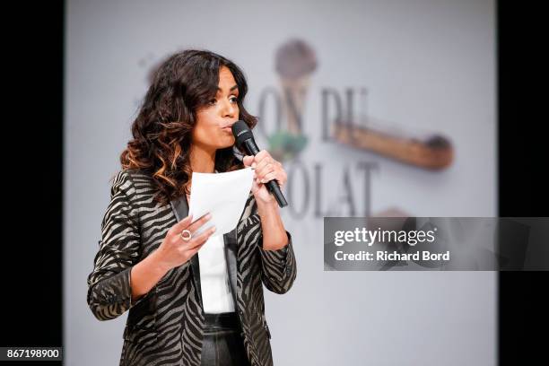 Laurence Roustandjee speaks before the Dress Chocolate show as part of Salon du Chocolat at Parc des Expositions Porte de Versailles on October 27,...