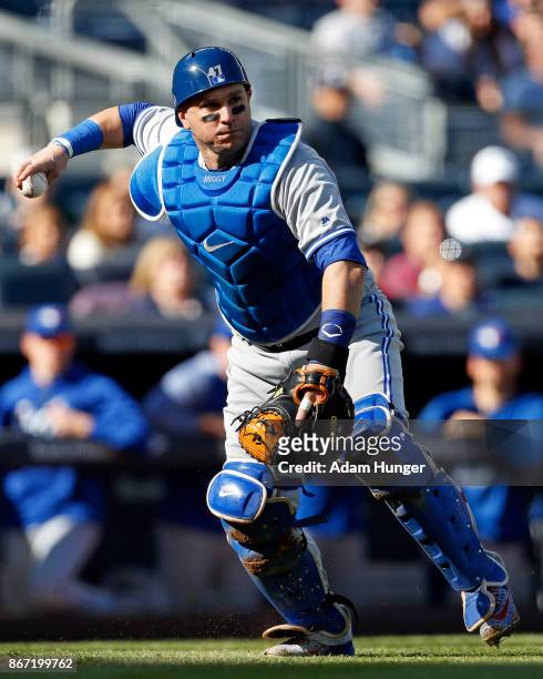 Miguel Montero of the Toronto Blue Jays in action against the New York Yankees during the first inning at Yankee Stadium on October 1, 2017 in the...
