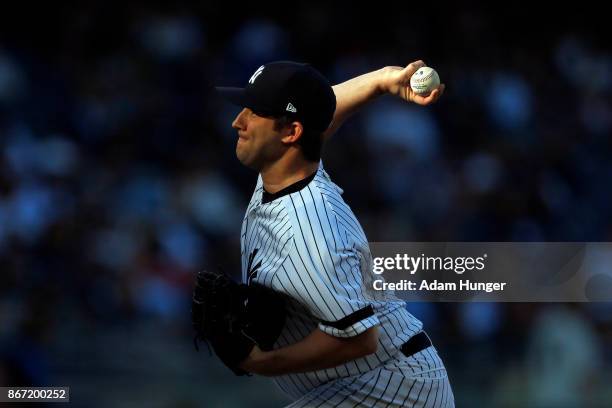 Adam Warren of the New York Yankees pitches against the Toronto Blue Jays during the sixth inning at Yankee Stadium on October 1, 2017 in the Bronx...