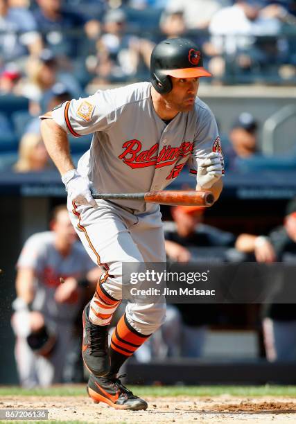 Seth Smith of the Baltimore Orioles in action against the New York Yankees at Yankee Stadium on September 17, 2017 in the Bronx borough of New York...