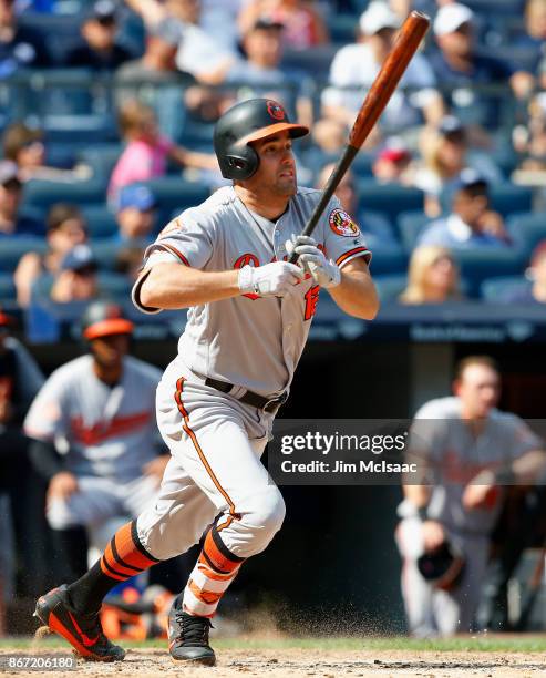 Seth Smith of the Baltimore Orioles in action against the New York Yankees at Yankee Stadium on September 17, 2017 in the Bronx borough of New York...