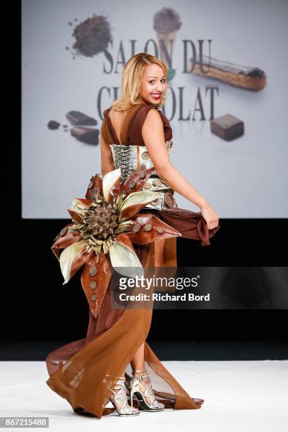 Estelle Mossely walks the runway during the Dress Chocolate show as part of Salon du Chocolat at Parc des Expositions Porte de Versailles on October...