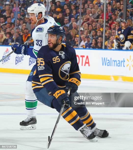 Justin Bailey of the Buffalo Sabres skates during an NHL game against the Vancouver Canucks on October 20, 2017 at KeyBank Center in Buffalo, New...