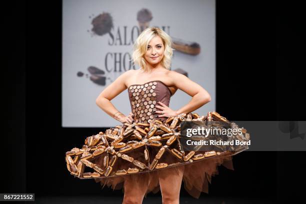 Priscilla Betti walks the runway during the Dress Chocolate show as part of Salon du Chocolat at Parc des Expositions Porte de Versailles on October...